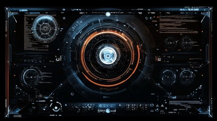 Fototapeta premium Futuristic digital interface with geometric shapes and data visualizations for a tech background