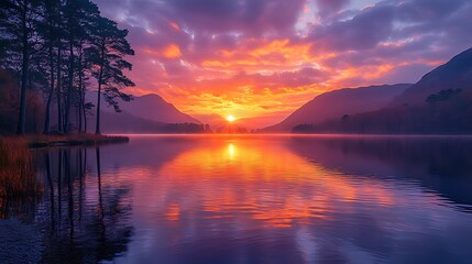 Obraz premium Vibrant sunset over calm lake, reflecting fiery colors in the water, silhouetted trees on shore, mountains in the background.