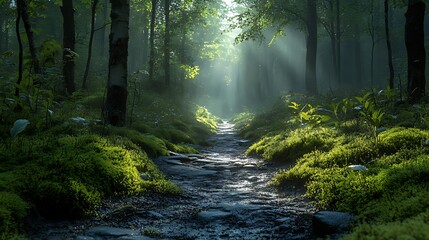 Naklejka premium Sunbeams illuminate a mossy forest path.