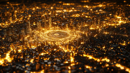 Golden city skyline illuminated at night with intricate spiral patterns and glowing lights creating a futuristic urban landscape filled with towering buildings and energy.