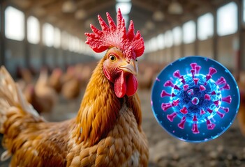 A chicken in a poultry farm with a digital representation of the bird flu virus, indicating the health concerns in agriculture.