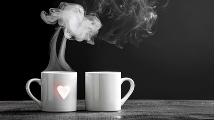Two Cups With Heart Steam On Dark Background