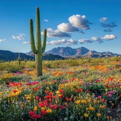 Majestic Sonoran Desert Bloom with Giant Saguaro Cactus