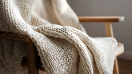 Cream-colored knitted throw draped invitingly over a wooden chair, creating a cozy and calming atmosphere.
