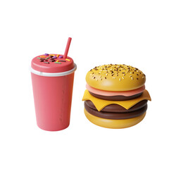 Delicious Burger and Sprinkled Drink Combo  Fast Food  Meal  3D Render  Cartoon Style  Jun