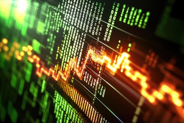 Naklejka premium Abstract Digital Data Visualization with Vibrant Colors Showing Number Patterns and Graphs in a Futuristic Style for Technology and Finance Themes
