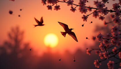 Fototapeta premium Silhouetted birds flying at sunset surrounded by cherry blossoms