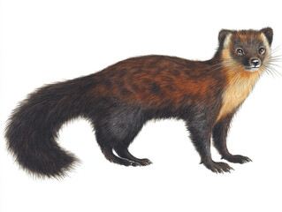 Fototapeta premium A sable, a mustelid with rich brown fur and a long, bushy tail, stands alert against a white background.
