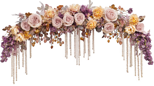 Celestial inspired floral arch featuring lavender roses, golden blooms, and cascading elements creates stunning backdrop for any event. Perfect for weddings and celebrations