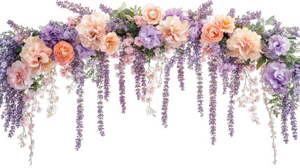 Dreamy garden flower arch adorned with cascading purple lavender and vibrant blooms, creating serene and enchanting atmosphere