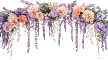 Dreamy garden flower arch adorned with cascading purple lavender and vibrant blooms, creating serene and enchanting atmosphere