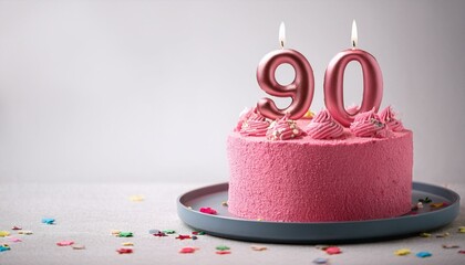 Decorated pink cake for birthday or anniversary party, candle number 90, white background