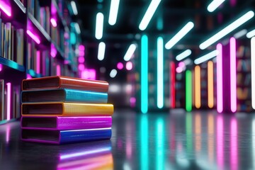 Obraz premium Futuristic library interior with glowing neon lights and holographic books creating a vibrant atmosphere of knowledge and innovation in a digital age.