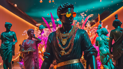 Fototapeta premium A fashionable concept, a statue of David in sunglasses stands in the hall of a modern museum along with other statues