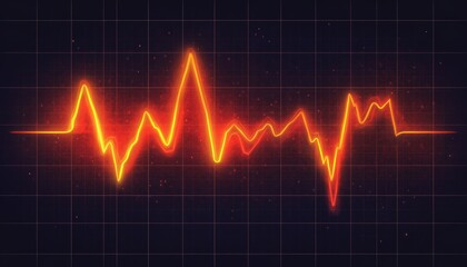 Naklejka premium Bright Red Oscillating Heart Rate Wave on Stark Black Grid Background, Saturated Yellow Glow