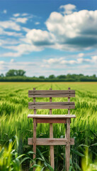 Summer, Spring, product display background podium, Field of progress, wooden podium, vibrant field of wheat or green crops, symbolizing agricultural workers, evoking growth and hope