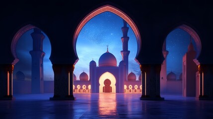 Night View Of A Grand Mosque Under A Starry Sky, Seen Through Ornate Arches.