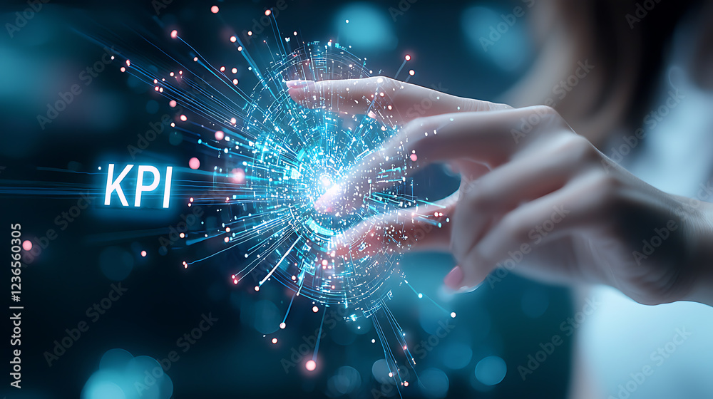 Poster kpi evaluation and optimization event digital workspace infographic futuristic setting close-up view