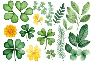 Fototapeta premium Vibrant watercolor illustration of green and yellow leaves, including clovers and ferns, showcasing a natural botanical style perfect for seasonal designs