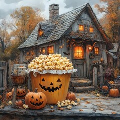 Cozy Halloween scene with a pumpkin house, popcorn bucket, and autumn foliage in the background