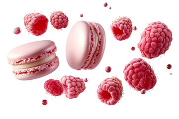 Flying falling raspberry and macarons isolated on transparent or white background, png