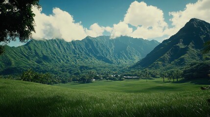 Naklejka premium Serene Tropical Valley: Lush Green Landscape with Majestic Mountains