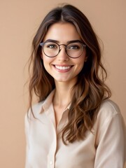 Obraz premium Smiling young woman with wavy brown hair, wearing glasses and a beige shirt. Warm tones and soft lighting create a professional and elegant look.