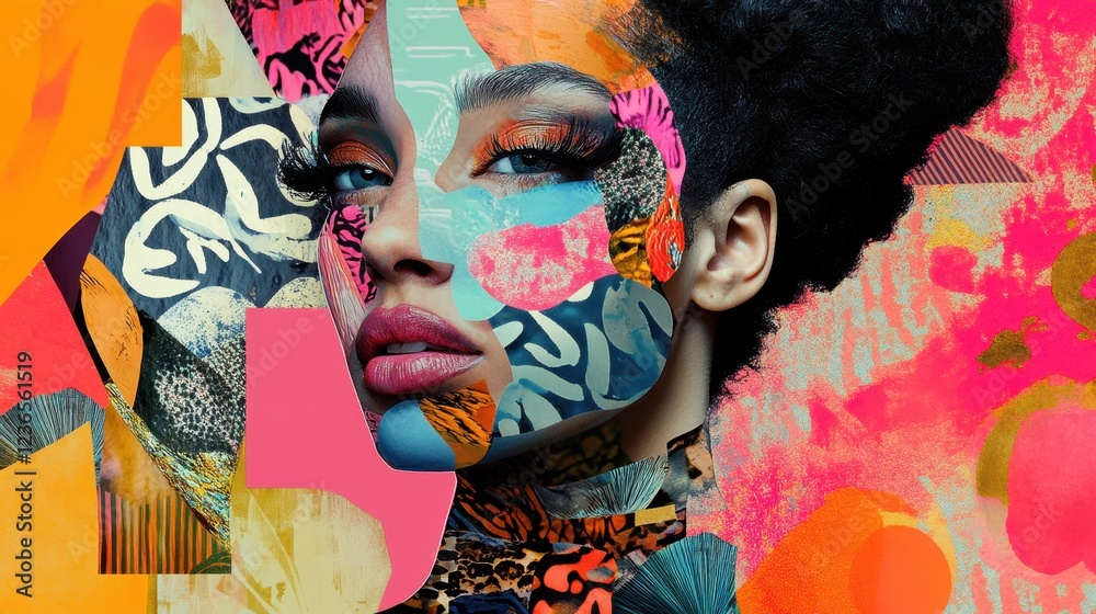 Poster bold and vibrant art combines with portrait of a woman showcasing unique face painting and colorful 