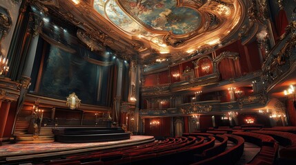 Obraz premium Opulent theater interior showcasing ornate decorations and grand architecture during a performance setup at dusk