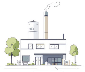 Modern Industrial Building with Trees and Chimney