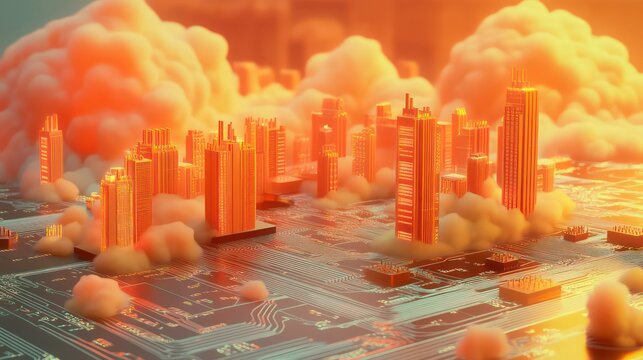 Miniature city on a circuit board, enveloped in orange clouds.
