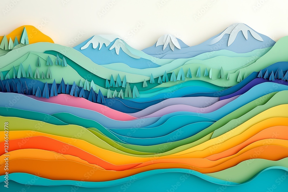 Poster a paper cut-out landscape, crafted with multiple layers of colorful paper textures