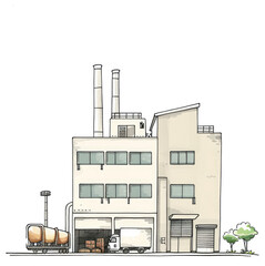 Factory Building with Trucks and Loading Docks