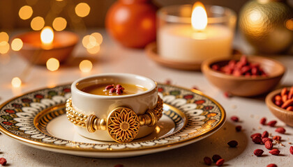 Fototapeta premium Good Raksha Bandhan. Elegant Raksha Bandhan greeting card with golden rakhi, festive celebration