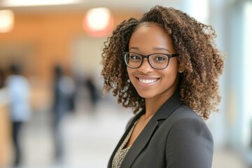 A beautiful African American woman with curly hair, wearing glasses and business attire, stands in an office space, smiling at the camera. 