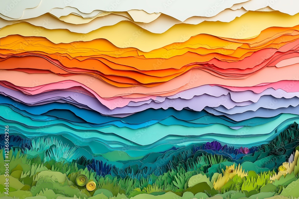 Poster a paper cut-out landscape, crafted with multiple layers of colorful paper textures