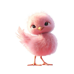 Fluffy 3D Cartoon Flamingo Chick with Big Eye Isolated on Transparent Background