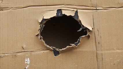  Damaged cardboard box with large torn hole, frayed edges, empty space for customization, neutral background.