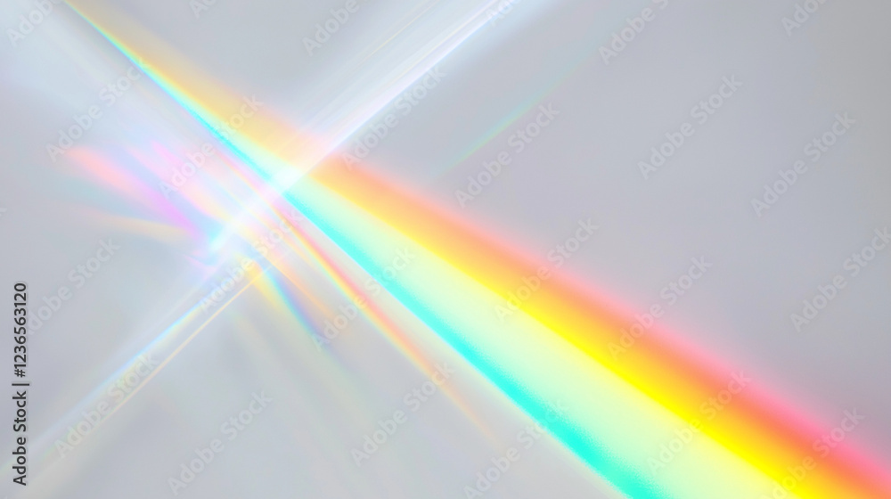 Poster a stunning colorful light spectrum, resembling a rainbow, gracefully arching across a plain light gr