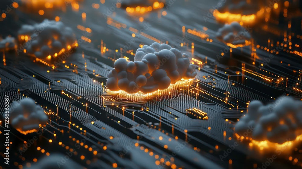 Poster Abstract 3D rendering of cloud computing concept with glowing circuits.