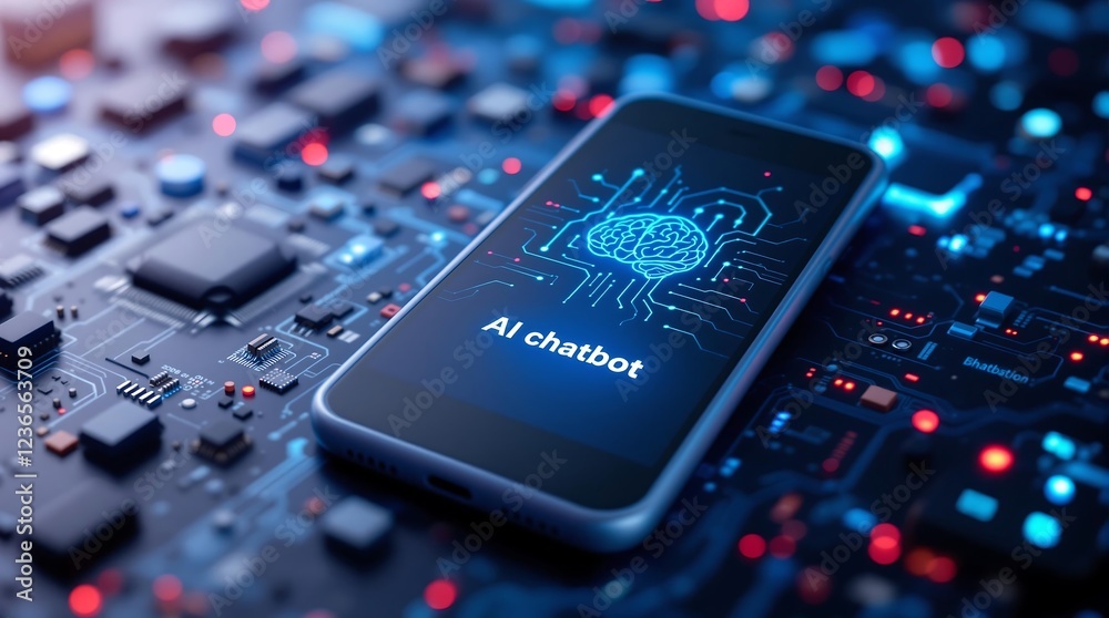 Poster ai chatbot displayed on black smartphone screen, representing automation for support centers and ai-