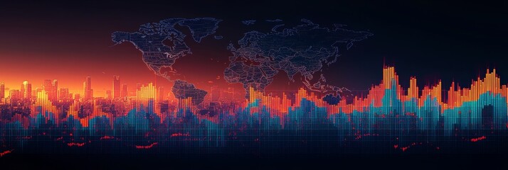 Abstract City Skyline and World Map With Glowing Bar Charts Global Business Trends Visualization.