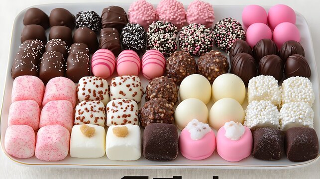A plate of assorted Easter treats, including chocolate eggs, bunny-shaped marshmallows, and pastel-colored cake pops.