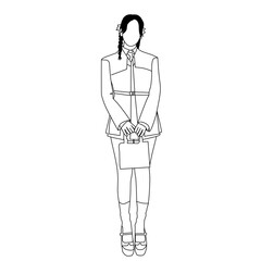 An outline illustration depicting a woman standing while holding a bag.The character has braided hair and detailed clothing with linear details, indicating simplicity and precision.