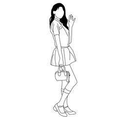 Outlined silhouette of a young woman dressed in contemporary attire showcasing modern fashion trends. The clean and minimal line art highlights details such as bag, skirt, and casual chic style.