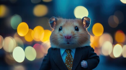 A cute hamster wearing a suit and tie, standing in front of the camera, with blurred city lights behind it. The background is blurry.