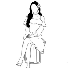 Illustration depicting an elegant woman sitting gracefully with a rose in her hair, wearing a stylish dress. This creative line drawing exudes sophistication and aesthetic charm.