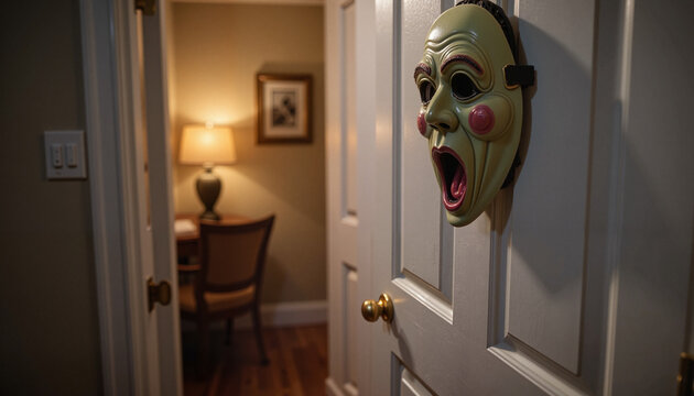 Scary jump scare mask on door in cozy corridor, April Fools' Day