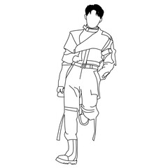 Stylized depiction of a fashionable man in line art wearing contemporary and trendy outfit. Ideal for illustrating style, design, and urban fashion concepts in creative projects and commercial use.