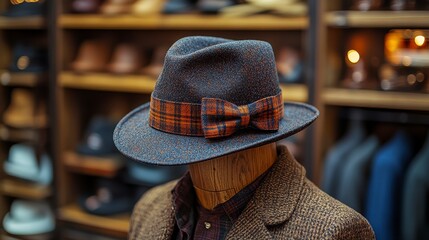 Stylish felt hat with bowtie, shop display